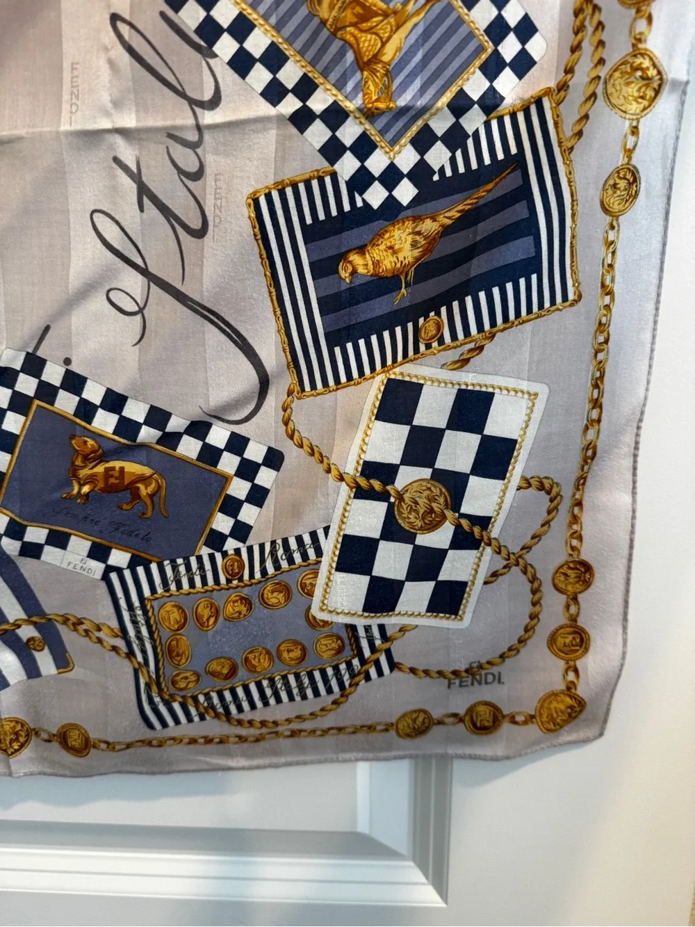 Fendi Beige, Navy & Gold Chain Motif Silk Scarf - Picture 9 of 10